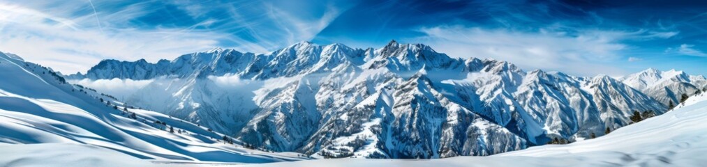 Poster - A snow covered mountain range with a blue sky in the background. AI.