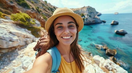 Poster - Young woman standing on a cliff and smiling at the camera. AI.