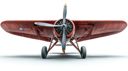 A red vintage biplane, seen from the front, isolated on a white background.