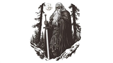 Ancient Warrior with Sword and Moon in Forest.