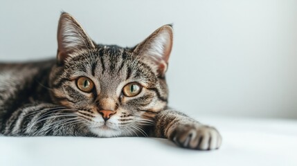 A tabby cat with green eyes lying on a white surface, looking directly at the camera.