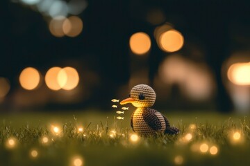 Sticker - Knitted Bird Figurine with Fairy Lights in a Grassy Field