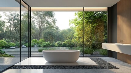 Wall Mural - Modern bathroom with a frosted glass window providing privacy and a view of a serene garden