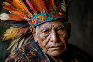 Portrait of a Mayan elder in traditional attire and headdress, Guatemala