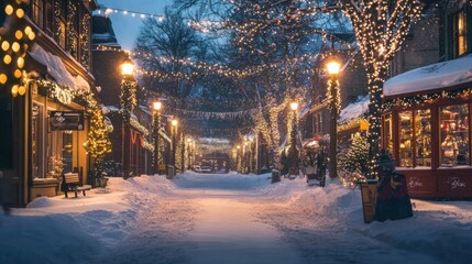 Wall Mural - Snowy Street Lined with Storefronts and Christmas Lights