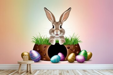 Sticker - Playful Easter Bunny Peeking from Colorful Hole Surrounded by Chocolate Eggs on Pastel Wall Mural