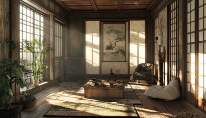 Canvas Print - Sunlit Japanese-Style Room with Wooden Floor and Window