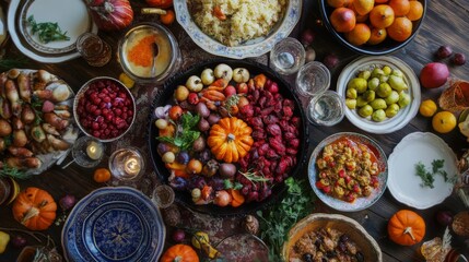 A Rustic Table Setting with Various Dishes and Pumpkins