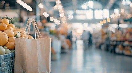 Two reusable shopping bags in front of fresh produce at a bustling farmers market.