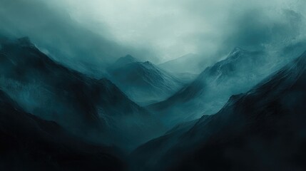 Wall Mural - Dark, flowing mountains obscure the horizon, set against a moody, misty backdrop, evoking a mystic, surreal, and otherworldly mood -