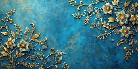 Panels of blue and gold floral wall art on textured background , blue, gold, floral,wall art, panels, texture