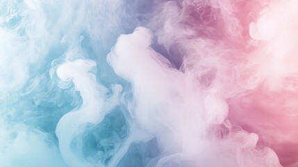 Ethereal light blue, pink, and white smoke create a soft, dreamy background for an elegant product display