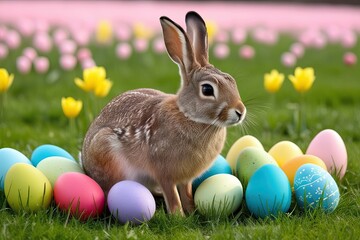 Wall Mural - Charming Easter Bunny in Colorful Egg Filled Field