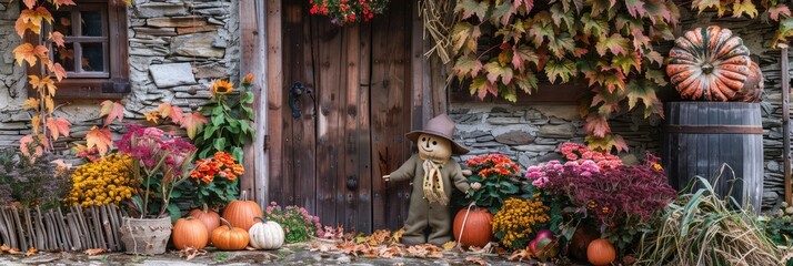 Poster - Common Icons of Scarecrow, Harvest Flowers, Pumpkins, and Corn Adorning a Home for the Autumn Season and Thanksgiving