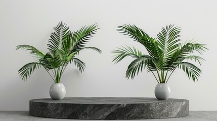 Canvas Print - Product showcase: Stone podium with palm leaves on black sand against white backdrop