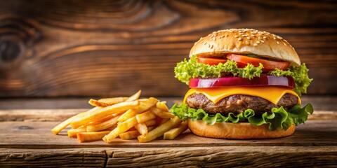 Close-up of a delicious hamburger with french fries on a wooden table, fast food, cheeseburger, lunch, meal, tasty, juicy, tasty