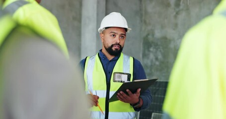 Poster - Leader, tablet and engineering with man on construction site for project management, property development and building inspection. Architecture, technology and digital blueprint with team update