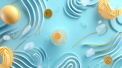 Wall Mural - A visually captivating abstract digital artwork featuring bitcoins amidst a light blue background. The composition includes smooth waves and intricate patterns, combining gold and blue elements to