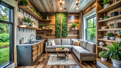 Cozy tiny house interior features a plush sectional sofa, reclaimed wood accent wall, modern kitchenette, and lush greenery, exuding warmth and minimalist elegance.