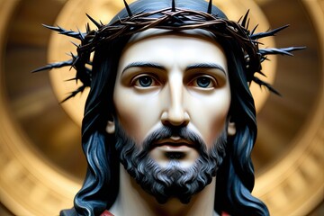 Poster - Majestic Portrait of Jesus Christ Wearing Crown of Thorns Emphasizing Divine Grace