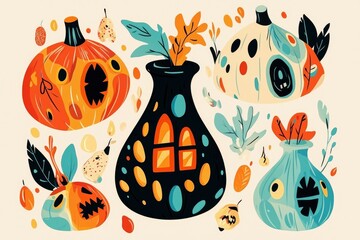 Wall Mural - Whimsical Autumn Pumpkin Houses Illustration