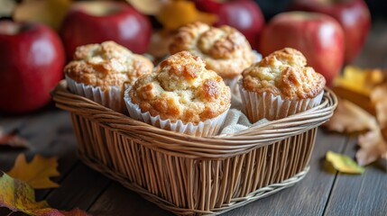 Wall Mural - Autumn Apple Muffins in a Rustic Woven Basket