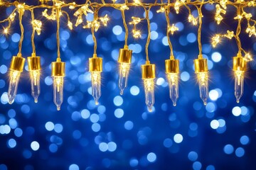 Christmas garland golden and blue colors. Glowing string lights with golden hues hang against a soft bokeh background,