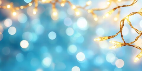 Christmas garland golden and blue colors. Glowing string lights with golden hues hang against a soft bokeh background,