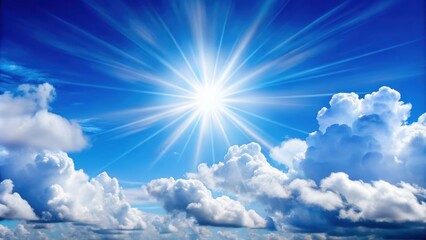 Wall Mural - sun shining through fluffy clouds in a clear blue sky, sunny, weather, nature, atmosphere, sunlight,
