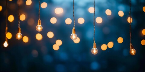 Christmas garland golden and blue colors. Glowing string lights with golden hues hang against a soft bokeh background,