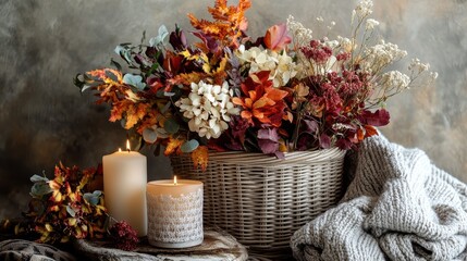 Wall Mural - Cozy Autumn Floral Arrangement with Candles