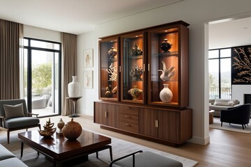 Wall Mural - Stylish Wooden Display Cabinet Featuring Unique Ornaments for a Contemporary Living Room