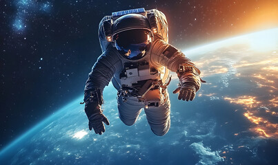Wall Mural - graphics of space, planets, and astronauts on a white background.