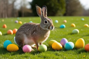 Wall Mural - Charming Easter Bunny in a Vibrant Field Filled with Colorful Eggs