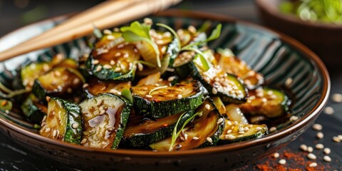 Sticker - Close-up of sautÃƒÂ©ed zucchini with onions, soy sauce, teriyaki sauce, and garnished with roasted sesame seeds and red pepper flakes, presented on a plate with chopsticks.