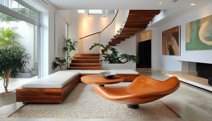 Wall Mural - Modern Living Room with Wooden Staircase,  Sculptural Furniture, and Artwork