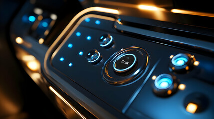 Futuristic Car Interior with Blue Glowing Buttons 3D Illustration