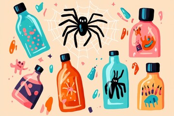 Poster - Halloween Potion Bottles with Spiders and Web