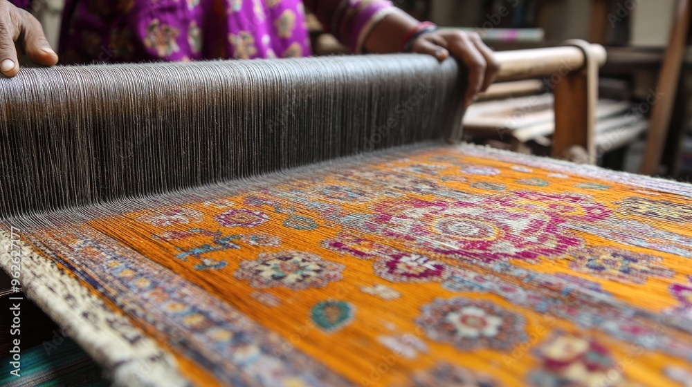Traditional handloom in a village with an Indian weaver skillfully ...