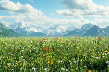 Poster - there is a field of flowers in front of a mountain range