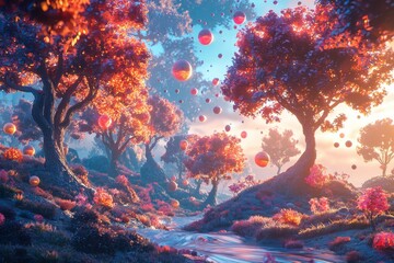 Wall Mural - Autumnal Fantasy Landscape with Floating Orbs Vibrant Foliage and Serene River