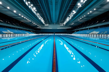 Wall Mural - Expansive indoor Olympic swimming pool with bright lights and empty seats, highlighting the clean, competitive venue