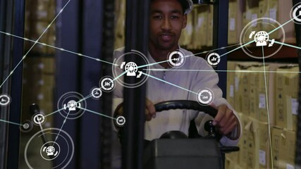 Poster - Animation of network of connections with icons over biracial man working in warehouse