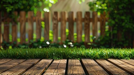 Poster - Designing Visual Layout with Wood Table Top, Fence, and Garden Grass Background for Product Presentation