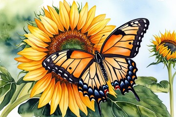 Wall Mural - Vibrant Tropical Morpho Butterfly on Colorful Sunflower Petals Watercolor Painting