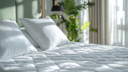 elegant close-up of a bedroom featuring a soft pillow arrangement on a clean mattress, illustrating a cozy and beautiful interior design concept with daylight streaming in