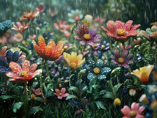 Wall Mural - Vibrant Floral Garden Thriving in Refreshing Rainfall