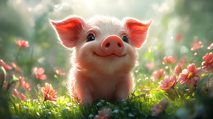 illustration of a pink baby pig in its habitat