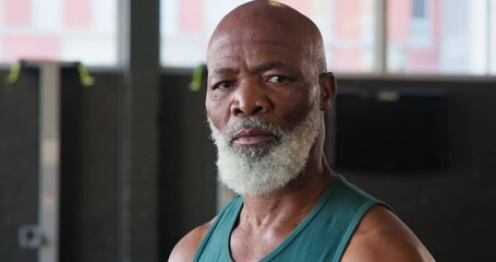 Canvas Print - Gym, exercise and face of mature black man for training, fitness and workout for strength. Sports, serious and portrait of senior person for wellness, health and muscles for performance and endurance