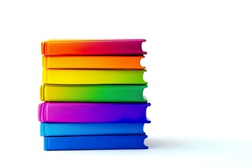 Colorful stack of books arranged in a rainbow.